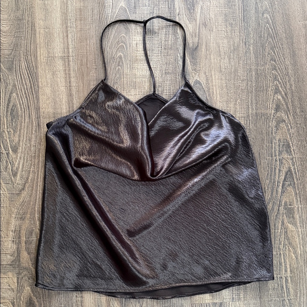 Express Black Satin Drape Front Top